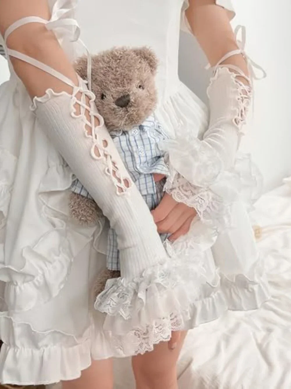 Lolita Lace Fingerless Gloves White Hand Sleeve Y2K Long Gloves Women Wrist